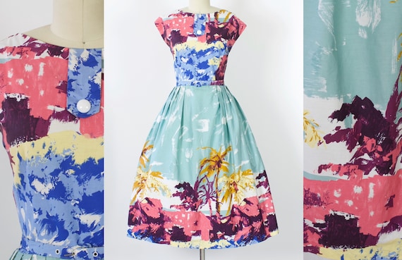 50s Tropical Island Print Cotton Dress | Large | X