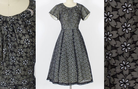 50s Eyelet Lace Party Dress | Large