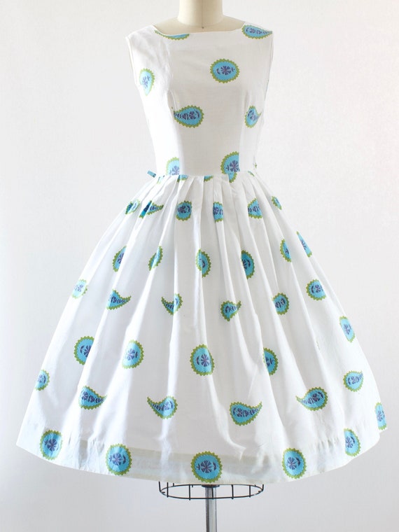 50s Floral Paisley Cotton Dress | XS