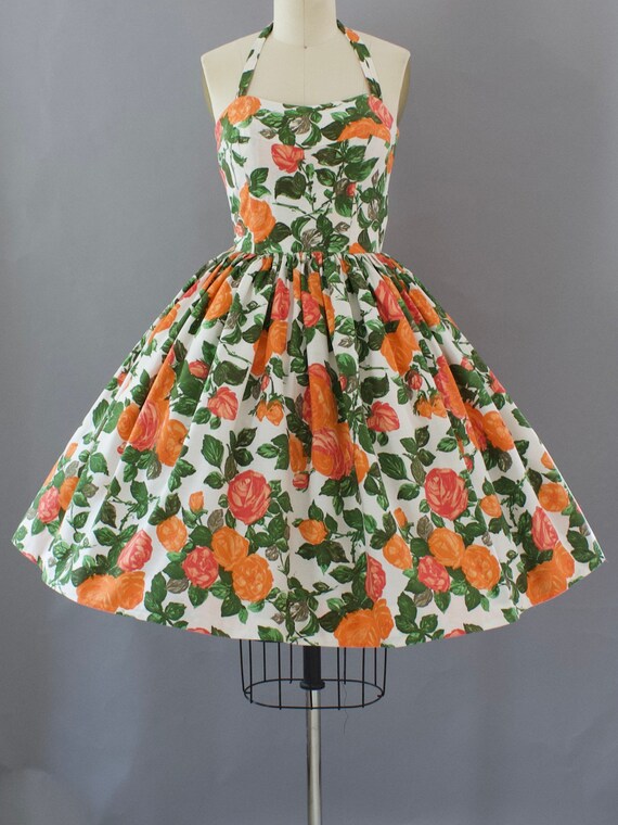 50s Rose Print Halter Dress | XS