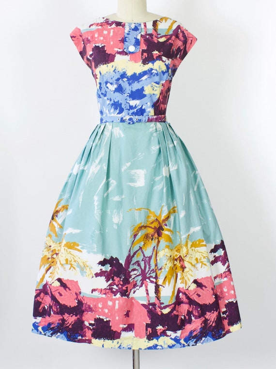 50s Tropical Island Print Cotton Dress | Large | X