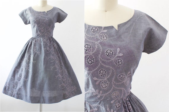 1950s Chambray Embroidered Dress | Small