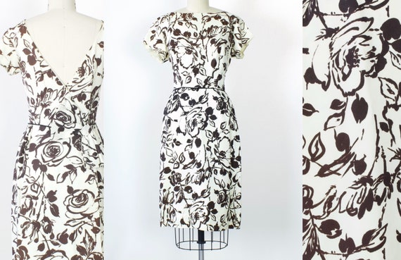 1950s Rose Print Sheath Dress | Medium