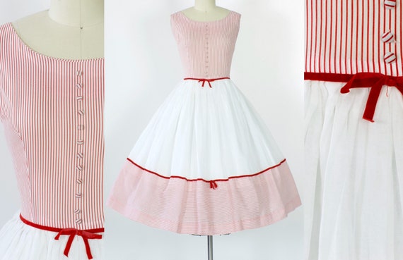 50s Striped Cotton Organdy Party Dress | Large