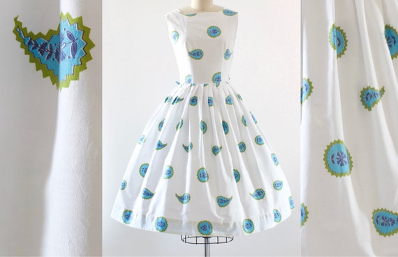 50s Floral Paisley Cotton Dress | XS