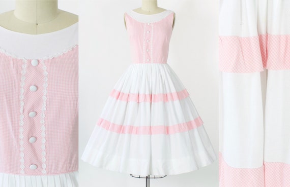 1950s Pink Gingham Cotton Dress | Large