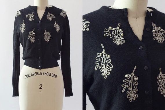 50s Black Beaded Cardigan | XS/S