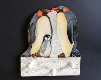 Wooden coat rack Penguin family, hand made and painted, unique design, home deco, wall hook rack, wall art, painted furniture