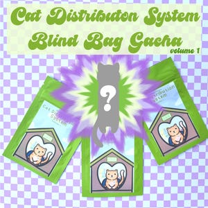 Puede incluir: Imagen de un producto 'Cat Distribution System Blind Bag Gacha'. La imagen presenta tres bolsas verdes con una ilustración de gato, una explosión morada y verde y texto. El fondo es un patrón de cuadros.