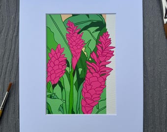 Impressão artística de gengibre | Giclée | Ilustração de flores | Arte vegetal | Impressão artística da natureza | Planta de gengibre havaiana