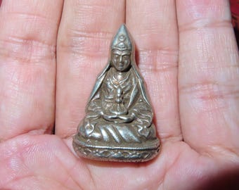 Nepalees Tibetaans boeddhistisch massief wit koperen Guru Tzonghapa miniatuurstandbeeld (s9)