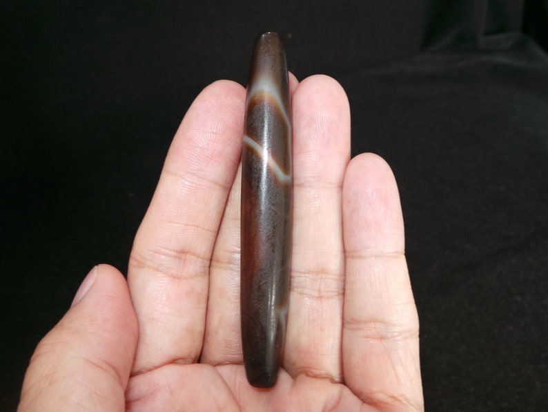 Unique Nepal Tibet Ethnic Very Long Tube Brown Banded Agate Bead II