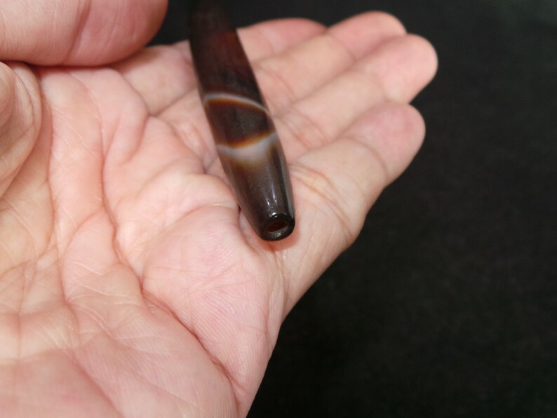 Unique Nepal Tibet Ethnic Very Long Tube Brown Banded Agate Bead II