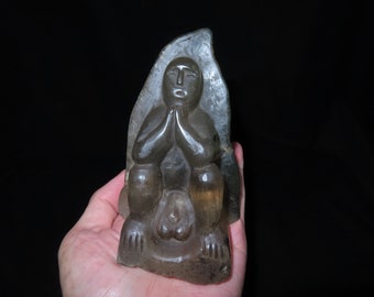 Old Nepal Carved Namaste Posture Naked Shaman Himalayan Quartz Crystal Votive Rock Stone