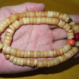 May include: A strand of light beige, disc-shaped beads strung on a yellow cord. The necklace features a single bright red, multi-faceted bead and a smaller, smooth orange bead near the end, which is finished with a yellow knotted tassel.