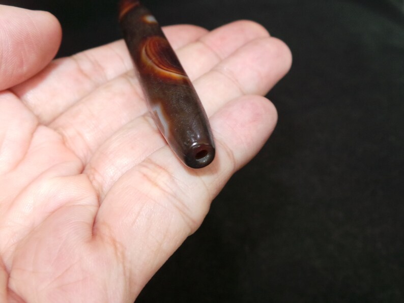 Unique Nepal Tibet Ethnic Very Long Tube Brown Banded Agate Bead II