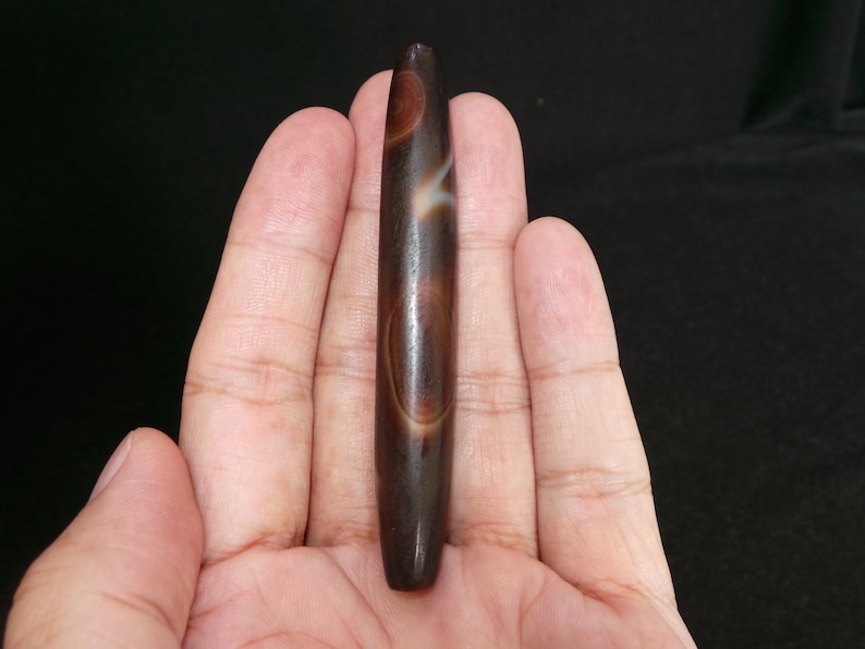 Unique Nepal Tibet Ethnic Very Long Tube Brown Banded Agate Bead II