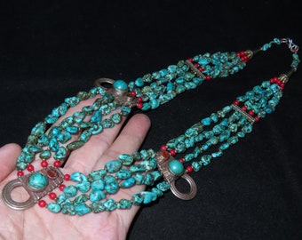 Nepal Tibet Ethnic Blue Green Turquoise Beaded Strand Necklace (n10)