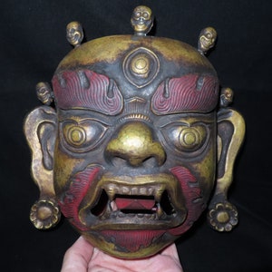Rare Nepal Tibet Tantric Buddhist Gilt Brass Mahakhala Head Wall Mask