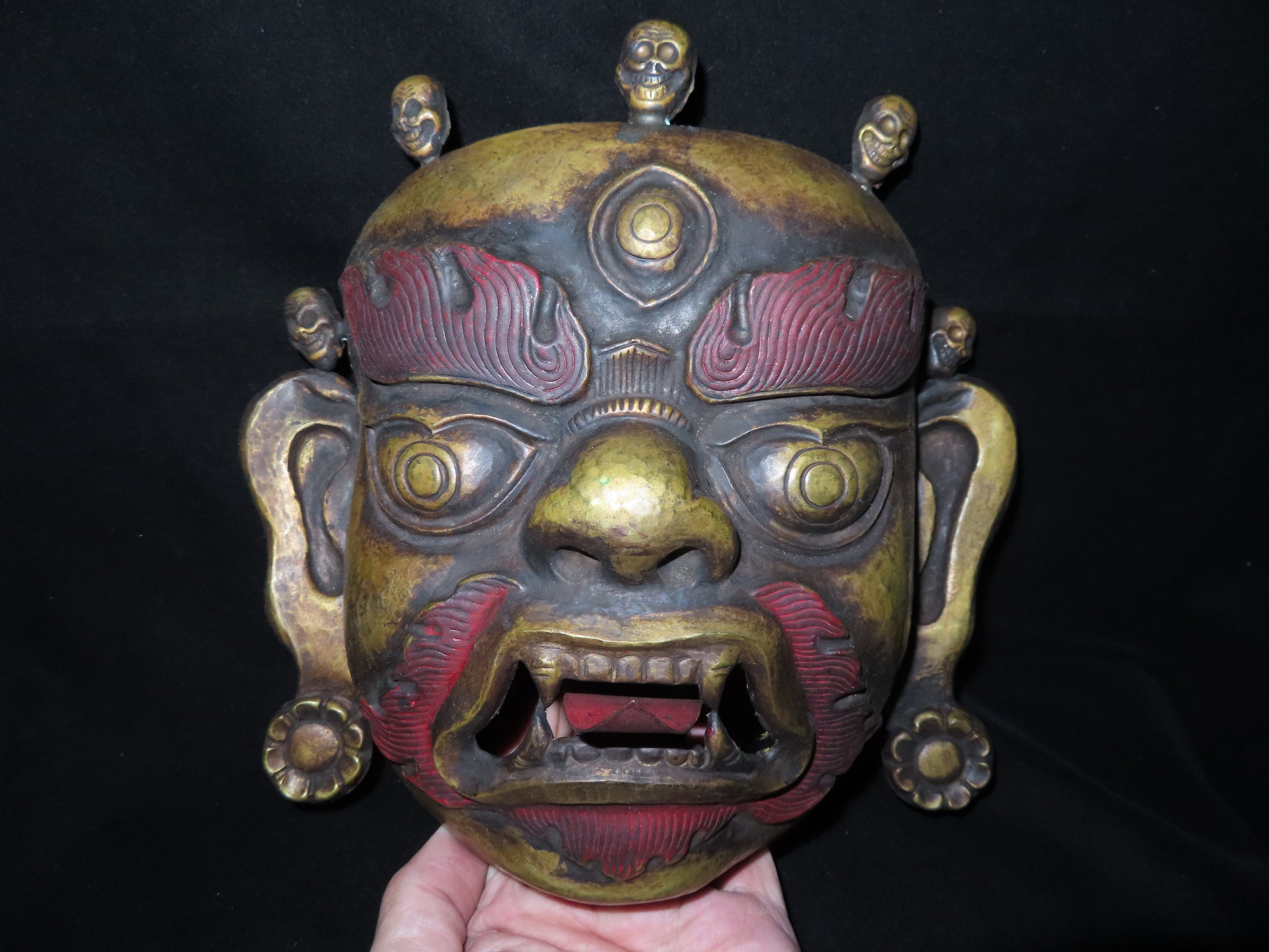 Rare Nepal Tibet Tantric Buddhist Gilt Brass Mahakhala Head Wall