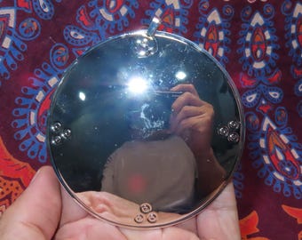 Ciondolo talismano con specchio Melong placcato argento, Nepal Tibet, buddista, 10,5 cm (s1)