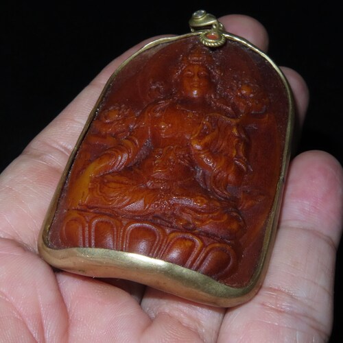 Nepal Tibet Buddhist Gilt Copper Embedded Carved shops Yak Bone White Tara Talisman Pendant (T17)