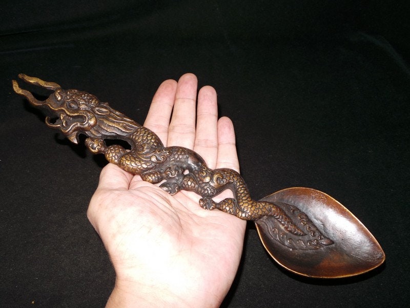 Old Nepal Tibet Buddhist Bronze Dragon Handle Offering Spoon