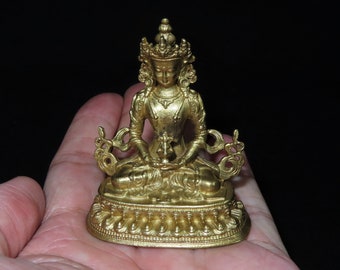 Nepal Tibet Buddhist Gilt Copper Amitayus Miniature Statue (m4)