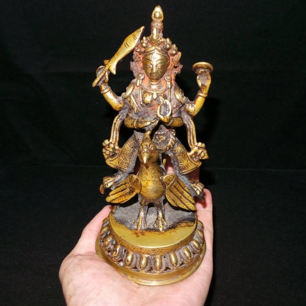 Old Nepal Hindu Bronze Goddess Mahamayuri Riding Peacock Statue