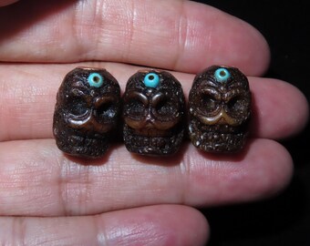 3x Nepal Tibet Buddhist Carved Yak Bone Citipati Skull Head Prayer Beads (v7)