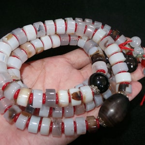 Nepal Tibet Buddhist 108 Disc Shaped White Dzi Agate Mala Prayer Beads