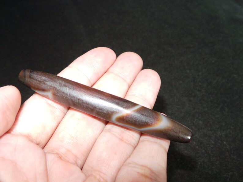 Unique Nepal Tibet Ethnic Very Long Tube Brown Banded Agate Bead II