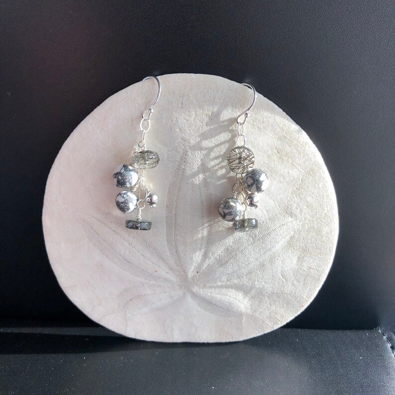 Black and White Howlite and Rutilated Quartz Dangle Earrings Made in Oregon