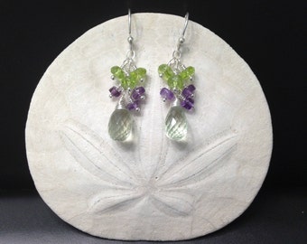 Colorful Pale Green Amethyst with Peridot and Purple Amethyst Cluster Earrings