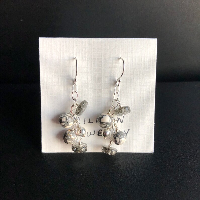 Black and White Howlite and Rutilated Quartz Dangle Earrings Made in Oregon