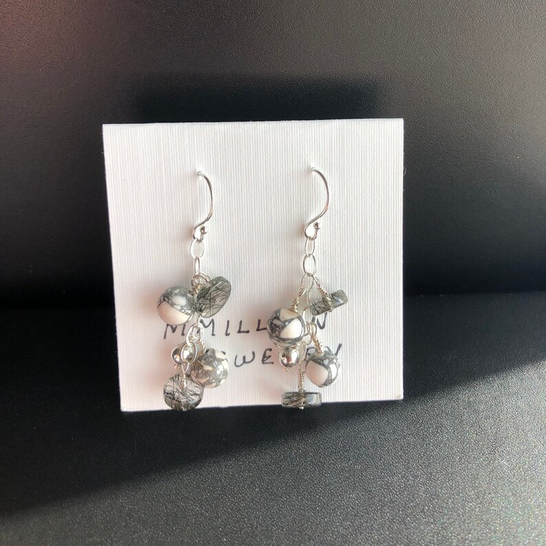Black and White Howlite and Rutilated Quartz Dangle Earrings Made in Oregon