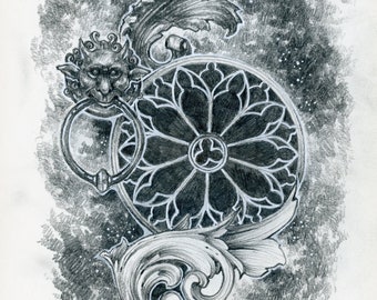 Art Print Pencil Drawing - A Gothic Cathedral Labyrinth Door Knocker