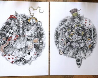 Art Print Watercolor - Bundle Of 2 Prints / Alice / Mad Hatter / Wonderland / Tea Party / Rabbit / Cards