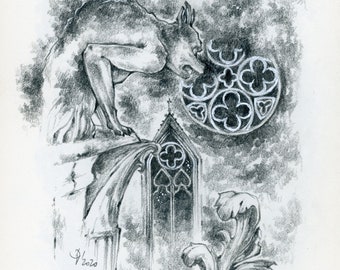 Art Print Pencil Drawing - A Gothic Cathedral Gargoyle