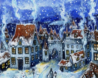 Set of 4 Postcards / Greeting Cards - Art Print Watercolor - Fantasy / Winter / Christmas / Vintage
