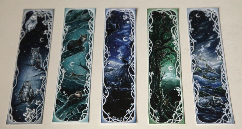 Fox Wolf Deer Printed bookmarks Original art Fantasy Art Illustration Reading Owl Set of FIVE BOOKMARKS Squirrel