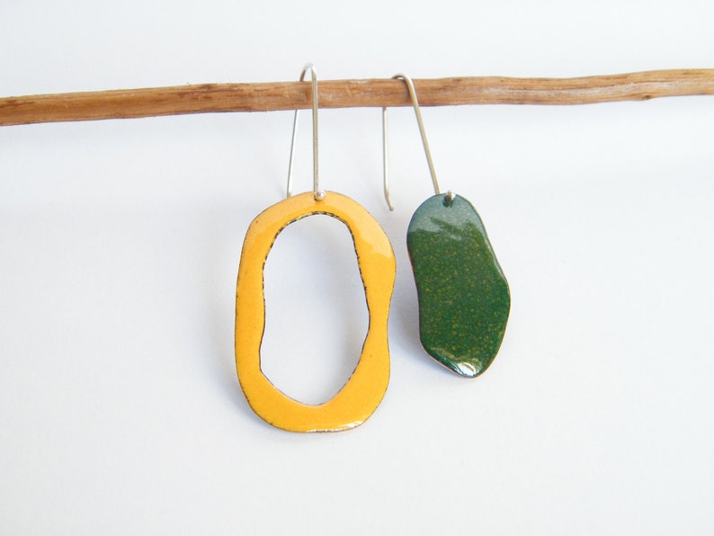 Organic jewelry inspired by ocean mismatched earrings vitreous enamel and silver earrings modern jewels for women contemporary earrings