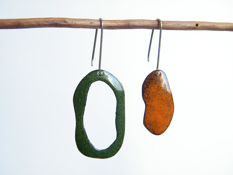 contemporary jewelry for modern women ocean abstract and mismatched earrings Organic earrings with vitreous enamel and sterling silver