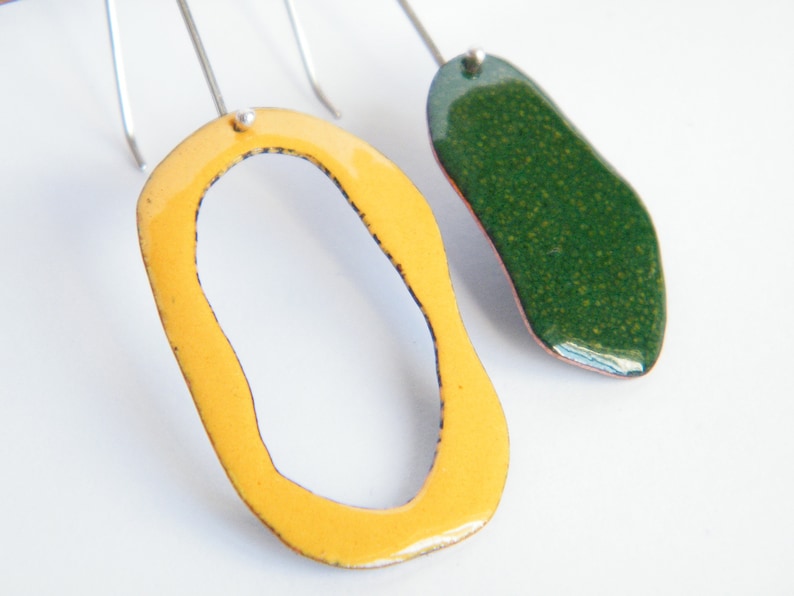 Organic jewelry inspired by ocean mismatched earrings vitreous enamel and silver earrings modern jewels for women contemporary earrings