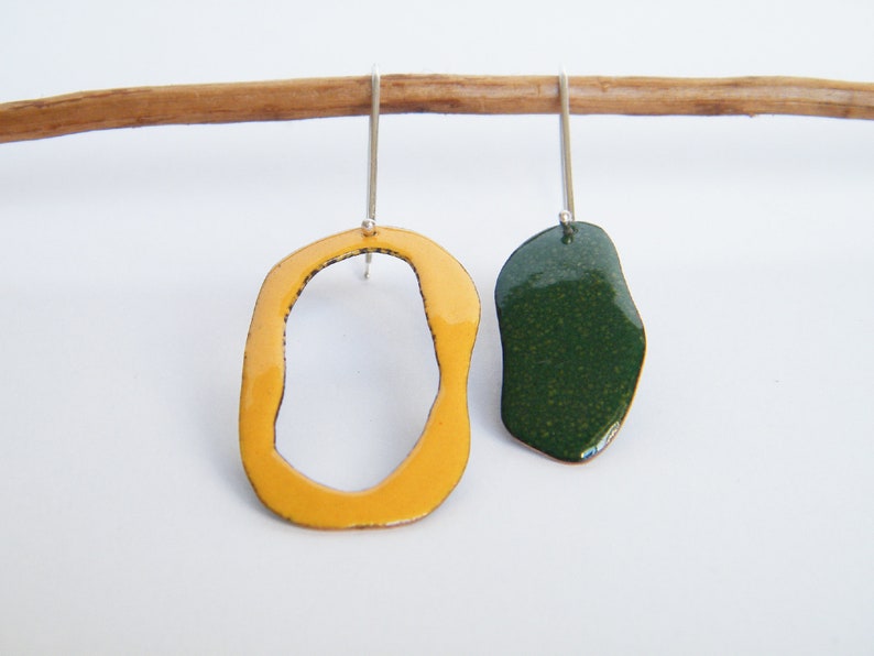 Organic jewelry inspired by ocean mismatched earrings vitreous enamel and silver earrings modern jewels for women contemporary earrings