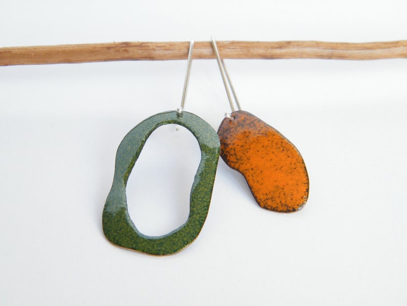 contemporary jewelry for modern women ocean abstract and mismatched earrings Organic earrings with vitreous enamel and sterling silver