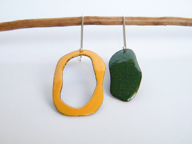 Organic jewelry inspired by ocean mismatched earrings vitreous enamel and silver earrings modern jewels for women contemporary earrings