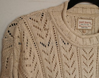 Vintage 90s JUST JEANS (M) beige cream SILK Cotton lace knit Pullover, Medium ladies womens
