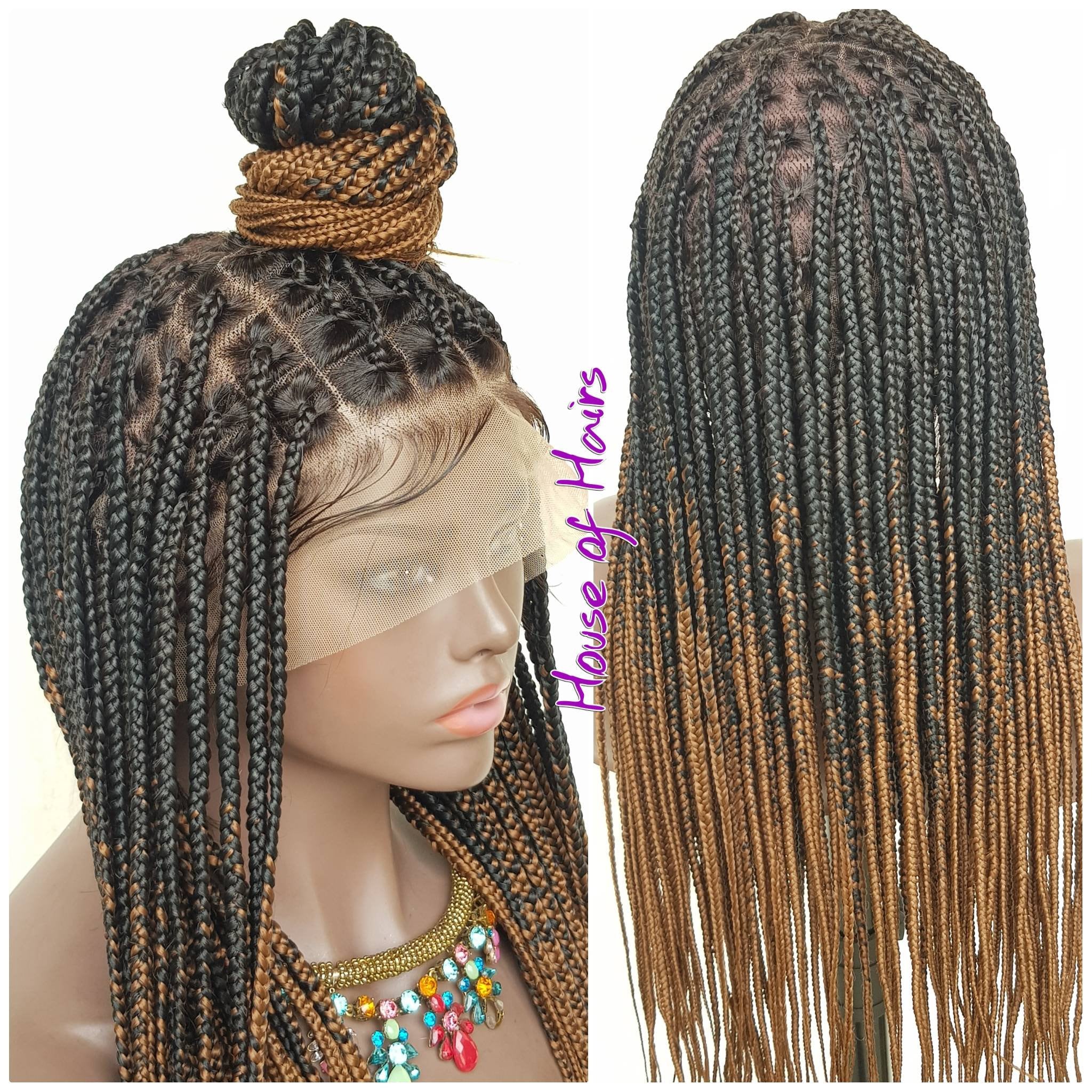 Handmade Glueless Medium Box Braids Full Lace Knotless Wig Black Ombre
