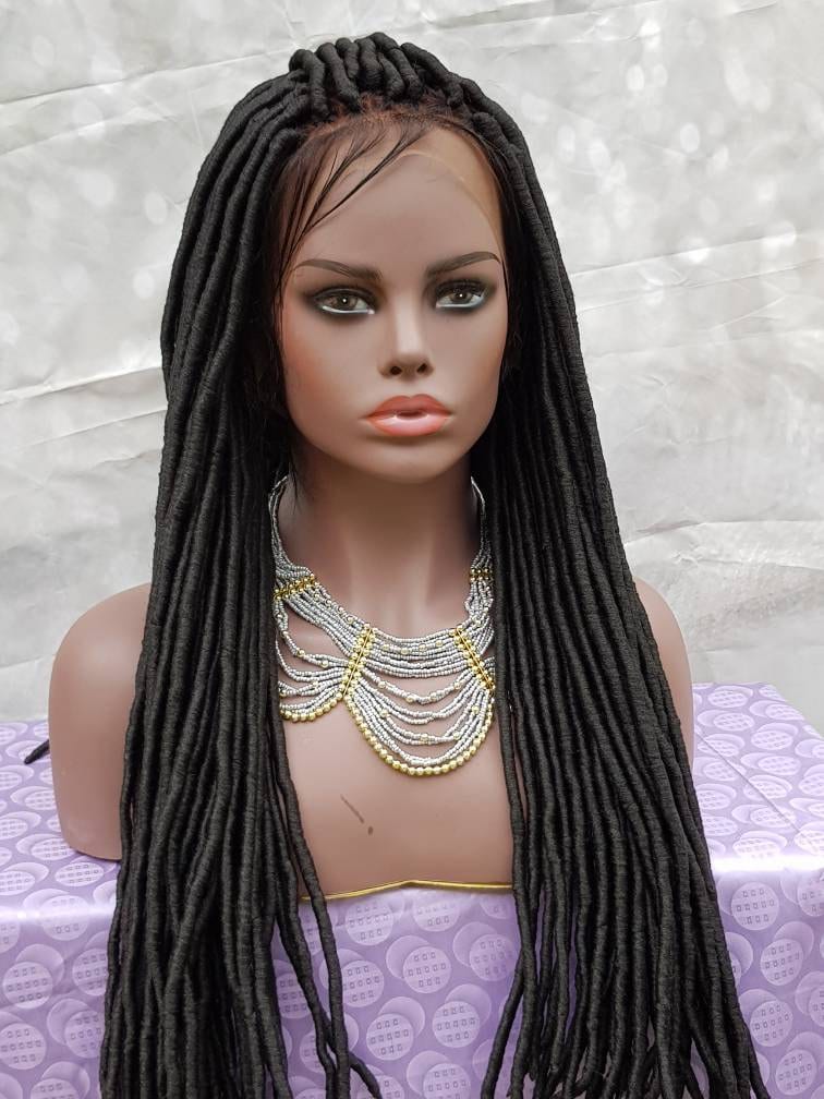 Handmade Braided Lace Frontal Wig Faux Locs 1 Black Baby Hair